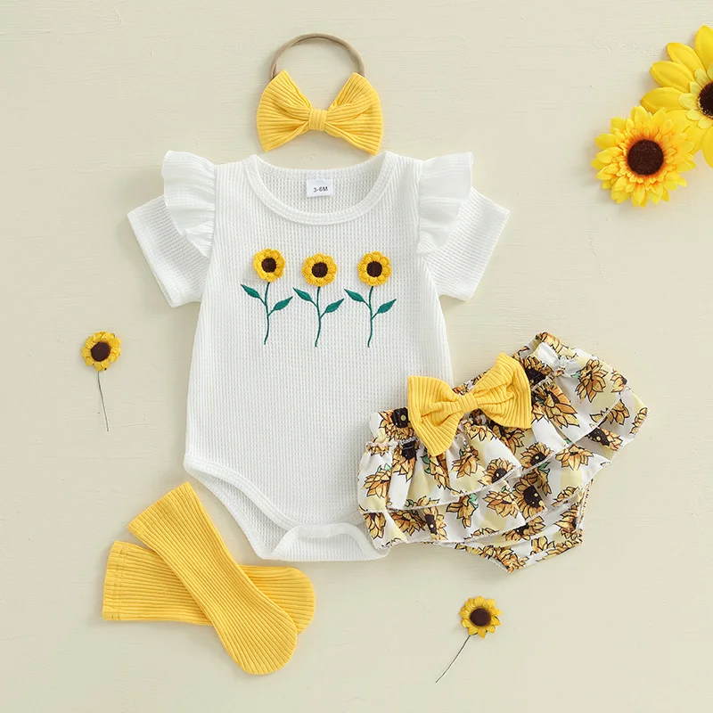 Baby Girls Clothes Summer Outfit Short Sleeve Sunflower Embroidery Romper + Shorts + Headband + Socks Sets
Baby Girls Clothes Summer Outfit Short Sleeve Sunflower Embroidery Romper + Shorts + Headband + Socks Sets