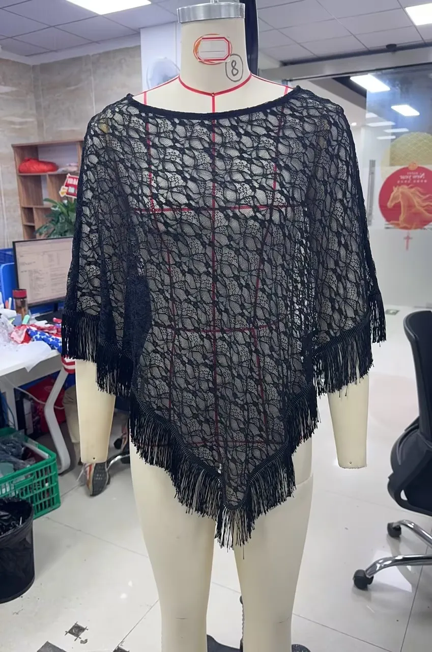 Womens Poncho Shawl Lace Crochet Cape with V Shaped Hemline and Long Fringe Trim Sheer Mesh Pullover Top for Beach or Party Wear
Womens Poncho Shawl Lace Crochet Cape with V Shaped Hemline and Long Fringe Trim Sheer Mesh Pullover Top for Beach or Party Wear
