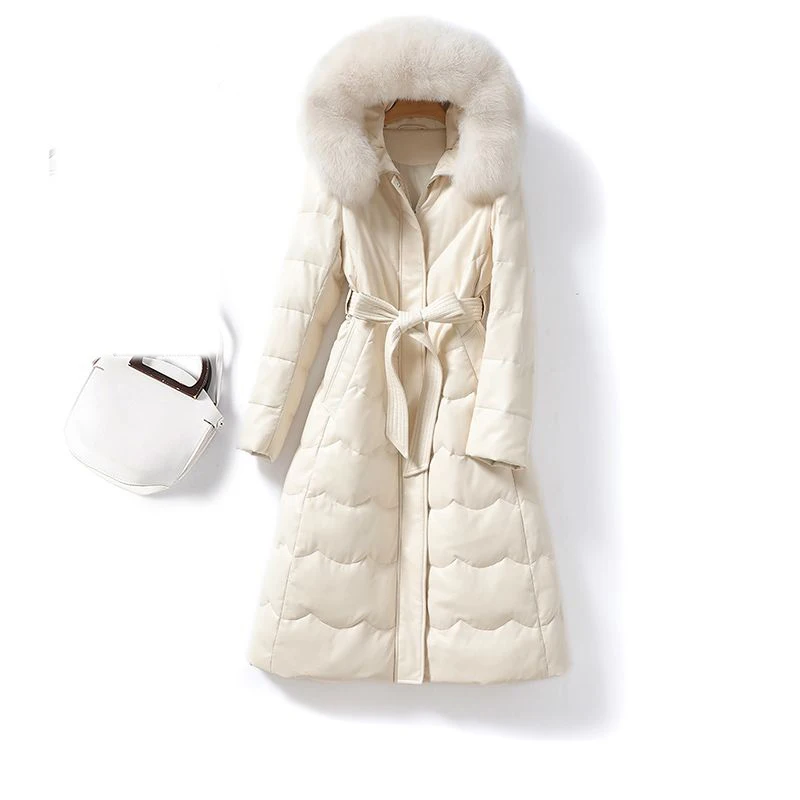 Elegant leather down jacket women's winter new mid length lace up hooded fox fur collar slimming white duck down leather jacket
Elegant leather down jacket women's winter new mid length lace up hooded fox fur collar slimming white duck down leather jacket