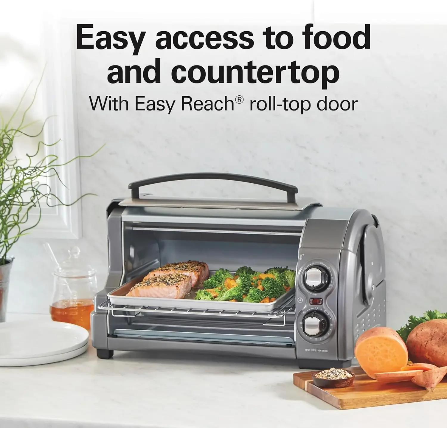 Easy Reach 4-Slice Countertop Toaster Oven With Roll-Top Door, 1200 Watts, Fits 9” Pizza, 3 Cooking Functions for Bake
Easy Reach 4-Slice Countertop Toaster Oven With Roll-Top Door, 1200 Watts, Fits 9” Pizza, 3 Cooking Functions for Bake