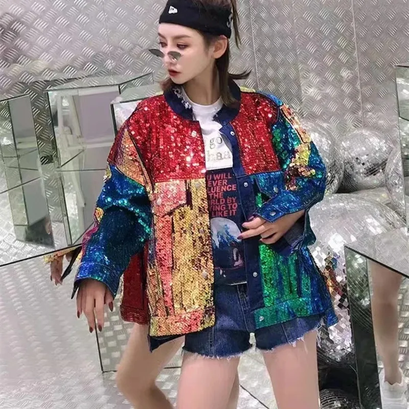 Spring And Autumn New Women's Sequin Long Sleeve Jackets Single Breasted Loose Turn Down Collar Patchwork Color Denim Coats
Spring And Autumn New Women's Sequin Long Sleeve Jackets Single Breasted Loose Turn Down Collar Patchwork Color Denim Coats