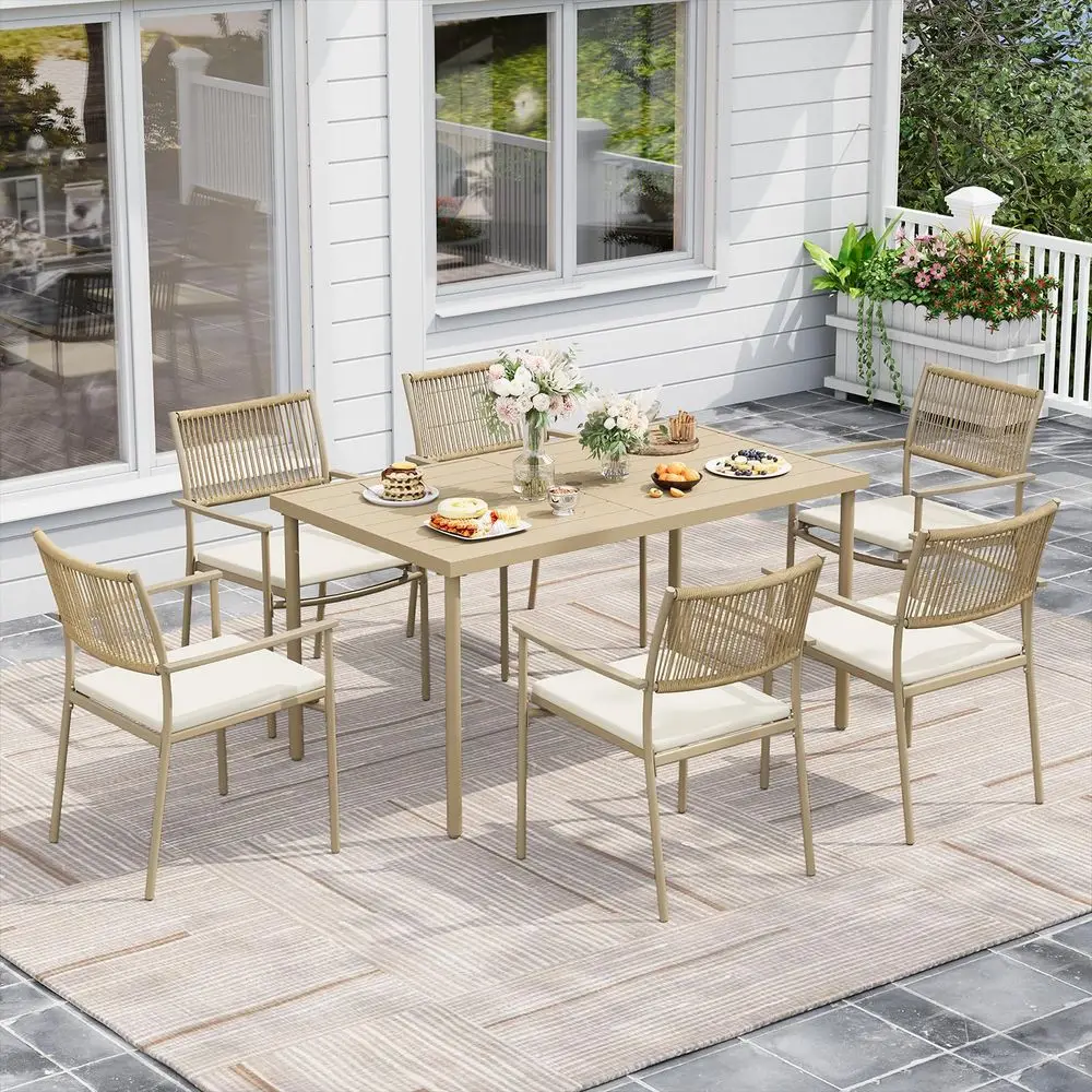Pieces Outdoor Dining Set for 6, 55 Large Steel Dining Table with Umbrella Hole, Wicker Patio Table and Rattan Chairs for Garde
Pieces Outdoor Dining Set for 6, 55 Large Steel Dining Table with Umbrella Hole, Wicker Patio Table and Rattan Chairs for Garde
