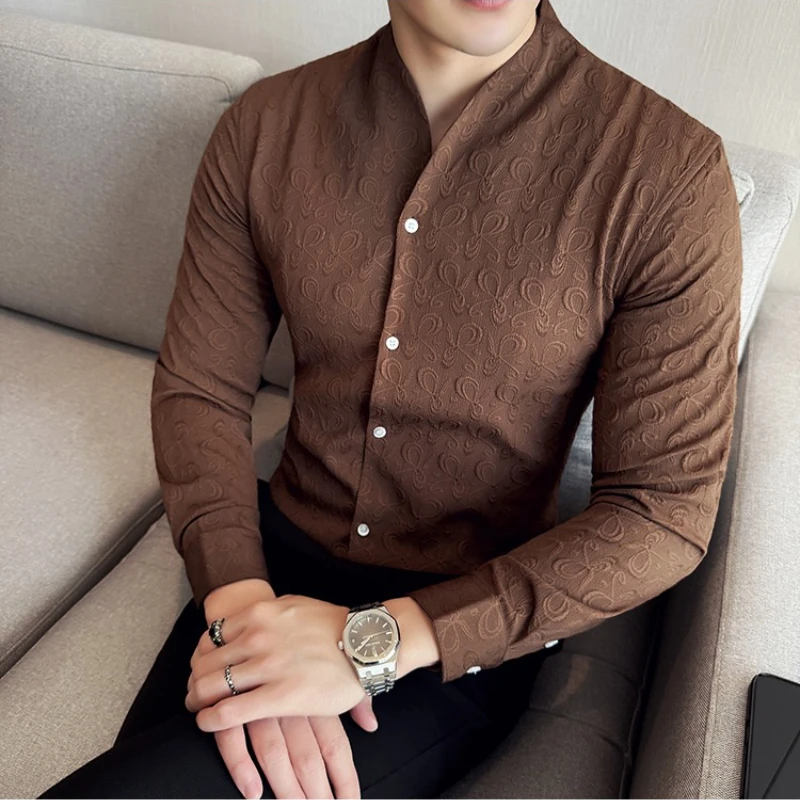 Chinese Style Collarless Jacquard Shirt for Men Fashion Long Sleeve Casual Shirts V-neck Business Social Office Versatile Shirt
Chinese Style Collarless Jacquard Shirt for Men Fashion Long Sleeve Casual Shirts V-neck Business Social Office Versatile Shirt