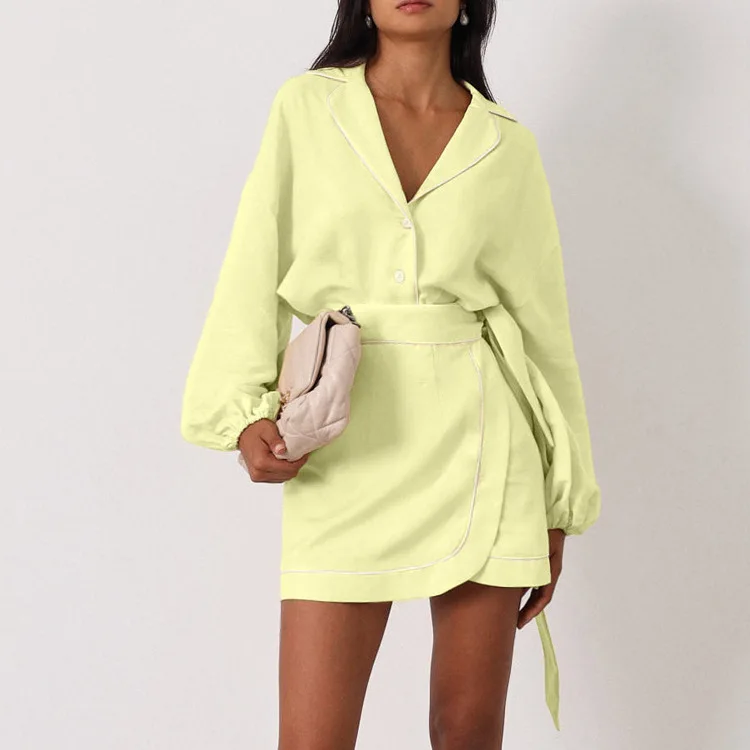Elegant Long Sleeve Shirt With High Waist Mini Skirt Set Female Fashion Loose Yellow Cotton Women's Two Pieces Set
Elegant Long Sleeve Shirt With High Waist Mini Skirt Set Female Fashion Loose Yellow Cotton Women's Two Pieces Set