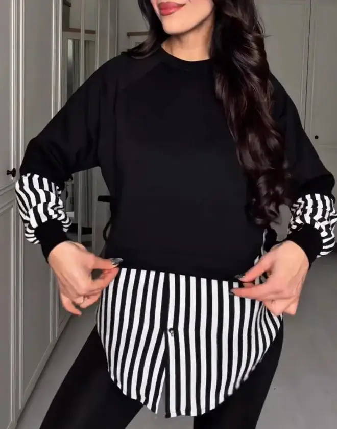 Women's Sweatshirts 2026 Spring New Faux Two-Piece Striped Patchwork Sweatshirt Long Sleeve Tied Detail Loose Fit Casual Top
Women's Sweatshirts 2026 Spring New Faux Two-Piece Striped Patchwork Sweatshirt Long Sleeve Tied Detail Loose Fit Casual Top