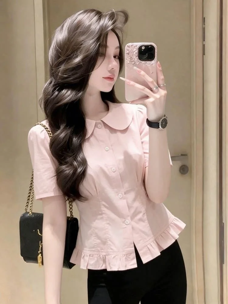 Korean Style Simple Pink Doll Collar Short Sleeve Women's Shirt Summer New Small Size Fashionable Youthful Top Commute Style
Korean Style Simple Pink Doll Collar Short Sleeve Women's Shirt Summer New Small Size Fashionable Youthful Top Commute Style