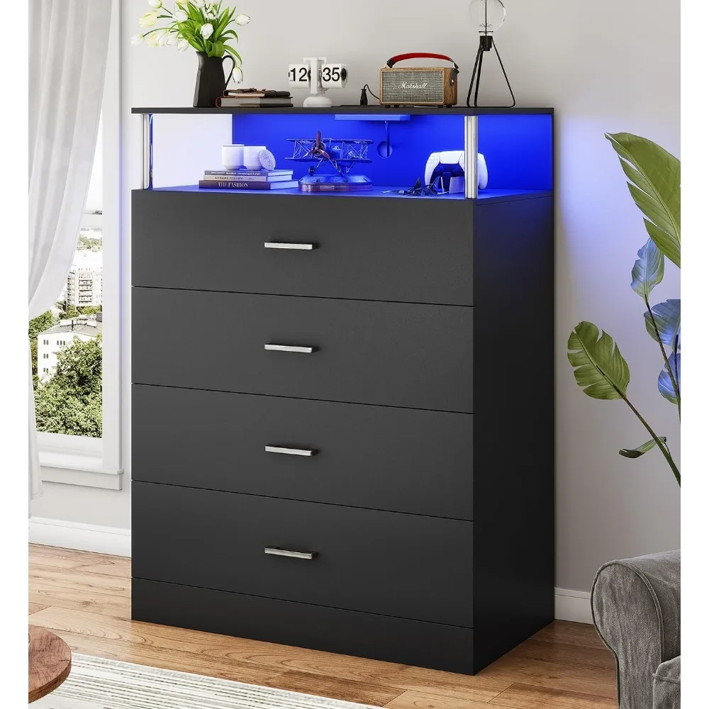 Dresser for Bedroom with Column Design, 4 Drawer Dresser with Charging Station, Modern Bedroom Led Tall Black Dresser for Bedro
Dresser for Bedroom with Column Design, 4 Drawer Dresser with Charging Station, Modern Bedroom Led Tall Black Dresser for Bedro