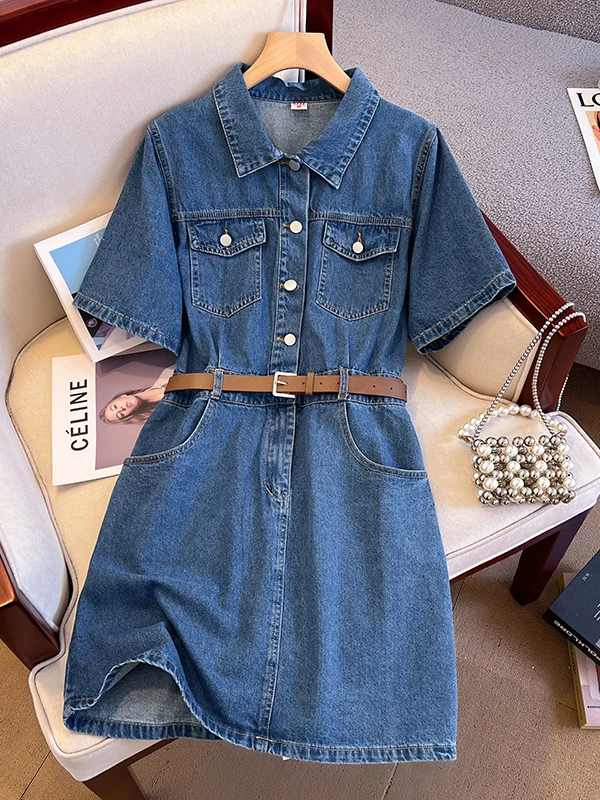 Slimming Short Sleeve Denim Dress Waist-Cinching Retro Style for Women Summer Fashion plus Size Korean Style Loose Fit Skirt
Slimming Short Sleeve Denim Dress Waist-Cinching Retro Style for Women Summer Fashion plus Size Korean Style Loose Fit Skirt