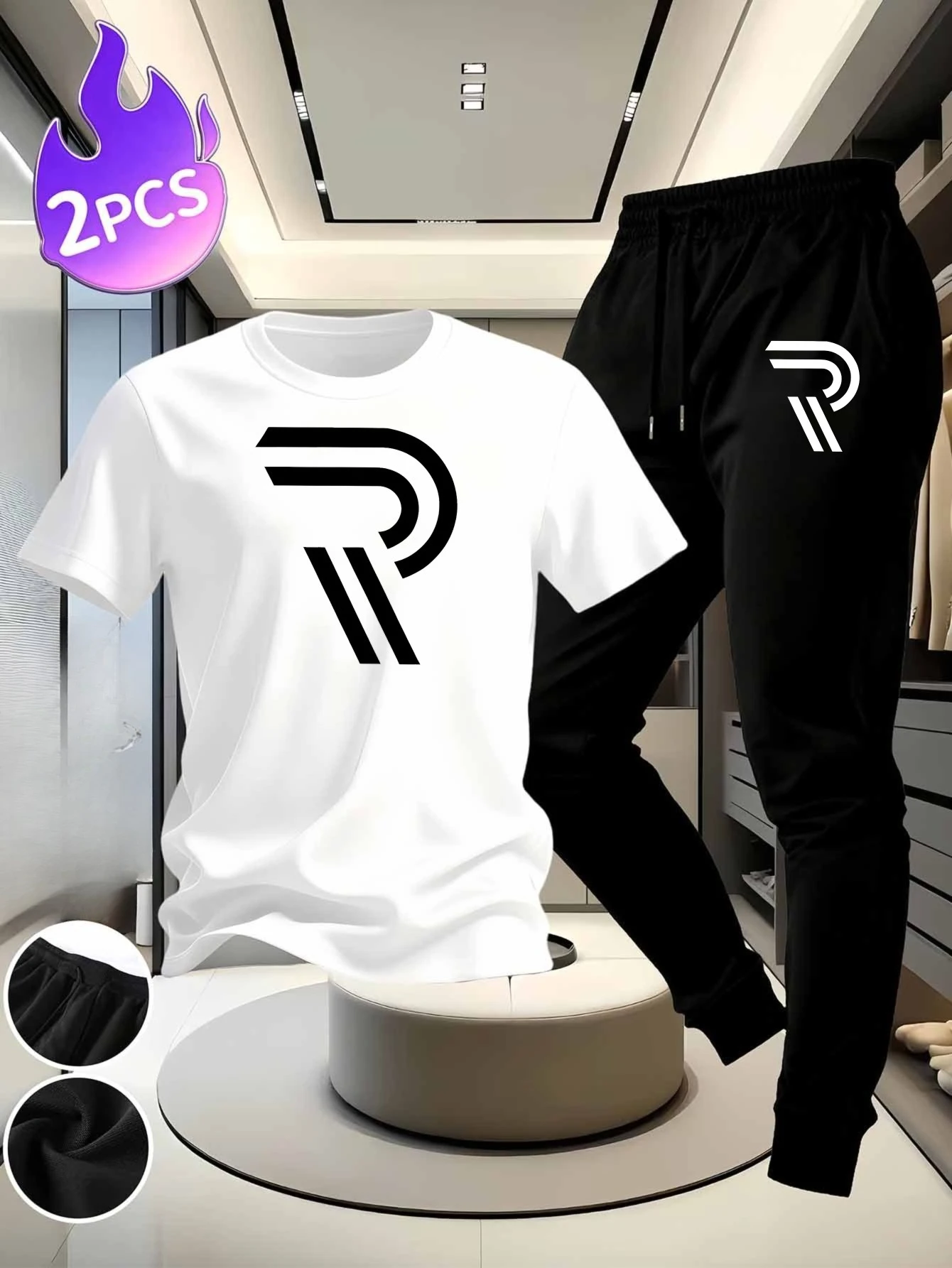 Men's casual suit: pure cotton top breathable pants, with abstract R letter pattern Suitable for daily exercise and home wear
Men's casual suit: pure cotton top breathable pants, with abstract R letter pattern Suitable for daily exercise and home wear