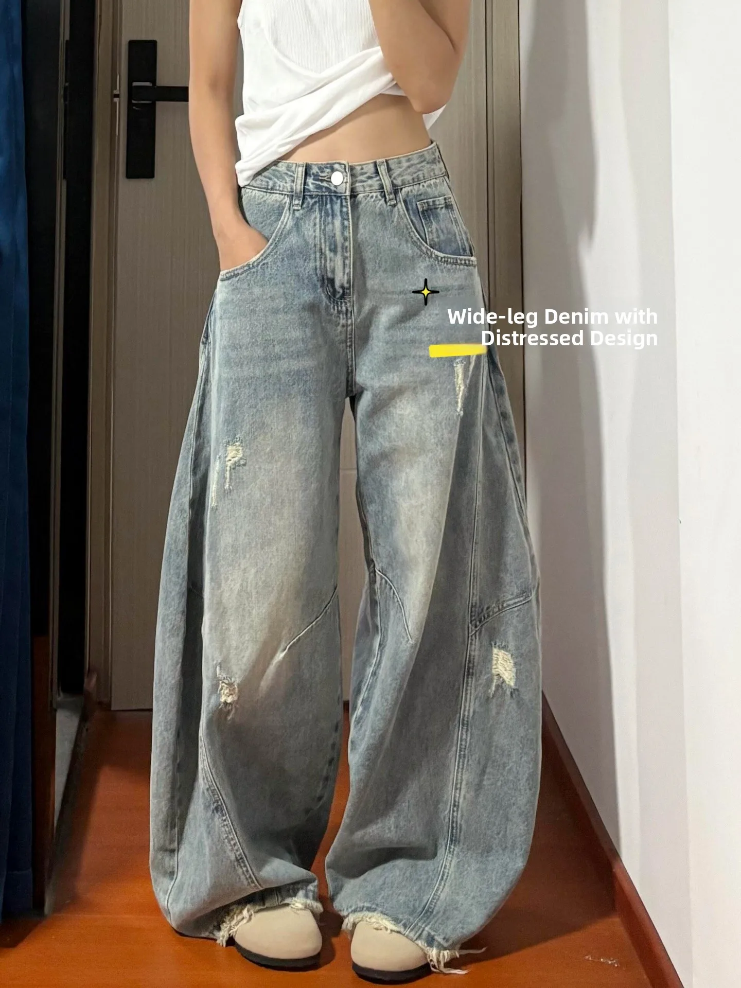 American Retro Style High Waist Wide Leg Jeans Women's 2026 New Fashion Loose Straight Cut Denim Pants Knife Hole Detail
American Retro Style High Waist Wide Leg Jeans Women's 2026 New Fashion Loose Straight Cut Denim Pants Knife Hole Detail
