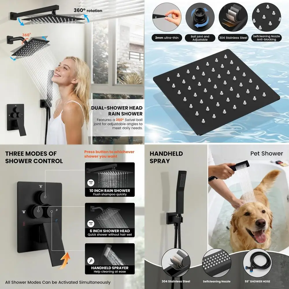 10 Inch Matte Black Shower System with Rainfall and Handheld, Wall-Mounted Diverter
10 Inch Matte Black Shower System with Rainfall and Handheld, Wall-Mounted Diverter