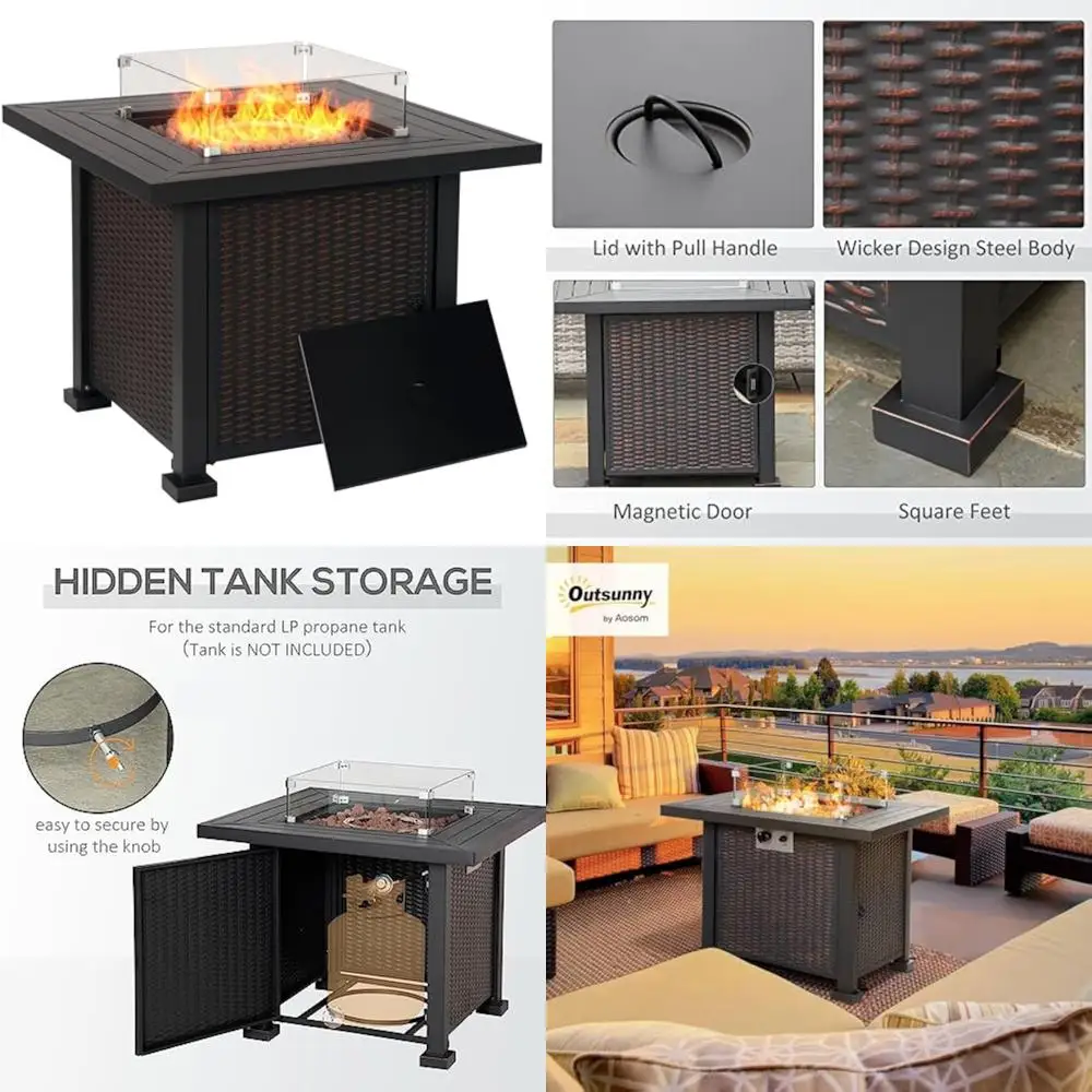 34" Square Wicker-Style Outdoor Propane Fire Pit Table with 50,000 BTU Auto-Ignition and Glass Wind Guard
34" Square Wicker-Style Outdoor Propane Fire Pit Table with 50,000 BTU Auto-Ignition and Glass Wind Guard