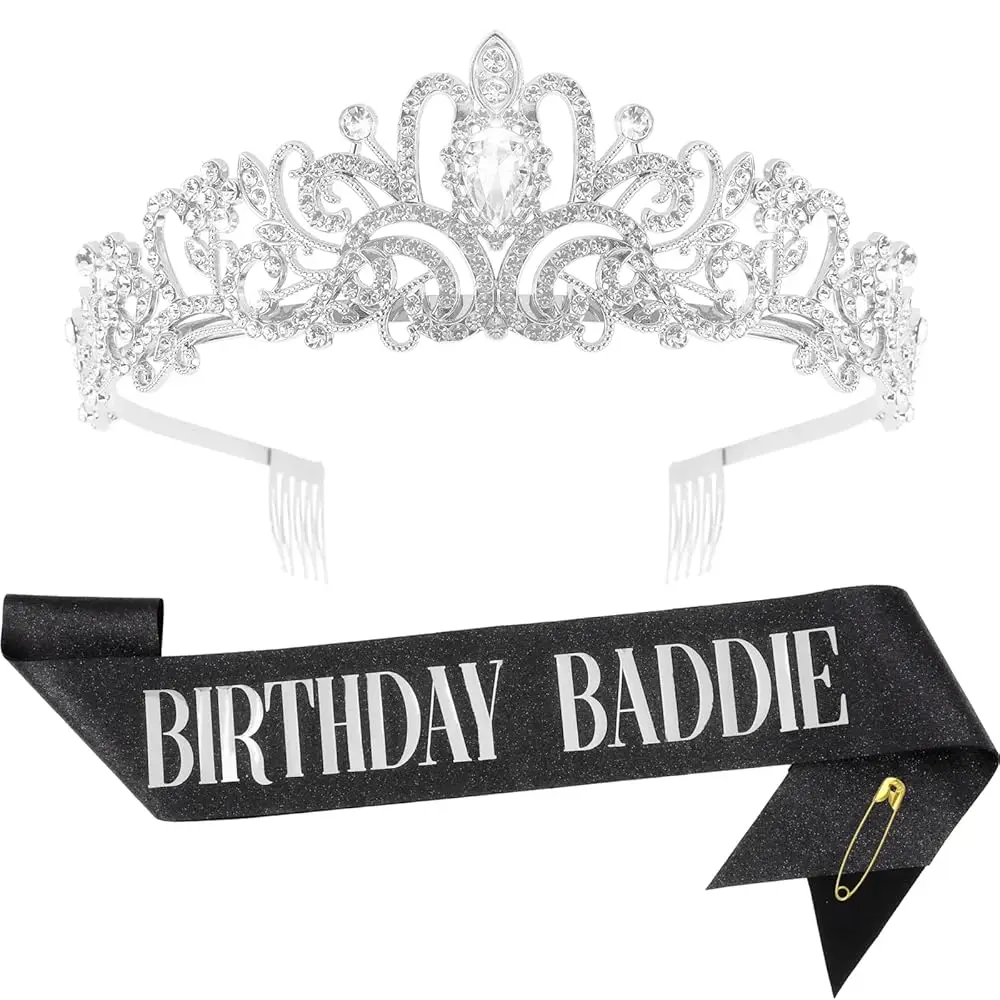 Birthday Sash for Women Girls, Black Glitter with Silver Foil Lettering Birthday Baddie Sash and Crown Set, Funny Party Decor
Birthday Sash for Women Girls, Black Glitter with Silver Foil Lettering Birthday Baddie Sash and Crown Set, Funny Party Decor