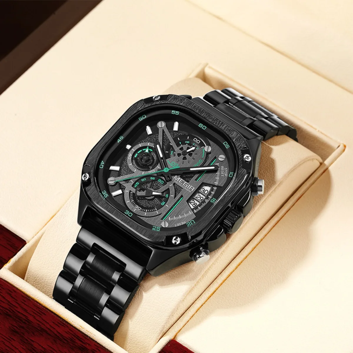 MEGIR Black Quartz Watch Men Waterproof Square Dial Wristwatch with Chronograph Stainless Steel Strap Luminous Hands Auto Date
MEGIR Black Quartz Watch Men Waterproof Square Dial Wristwatch with Chronograph Stainless Steel Strap Luminous Hands Auto Date