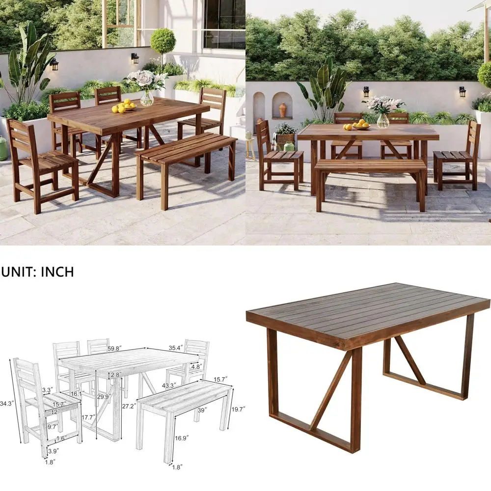 Outdoor Dining Set or 6, Acacia Wood Patio Dining Table Set with Bench and 4 Chairs or Balcony, Backyard, Garden, Brown
Outdoor Dining Set or 6, Acacia Wood Patio Dining Table Set with Bench and 4 Chairs or Balcony, Backyard, Garden, Brown