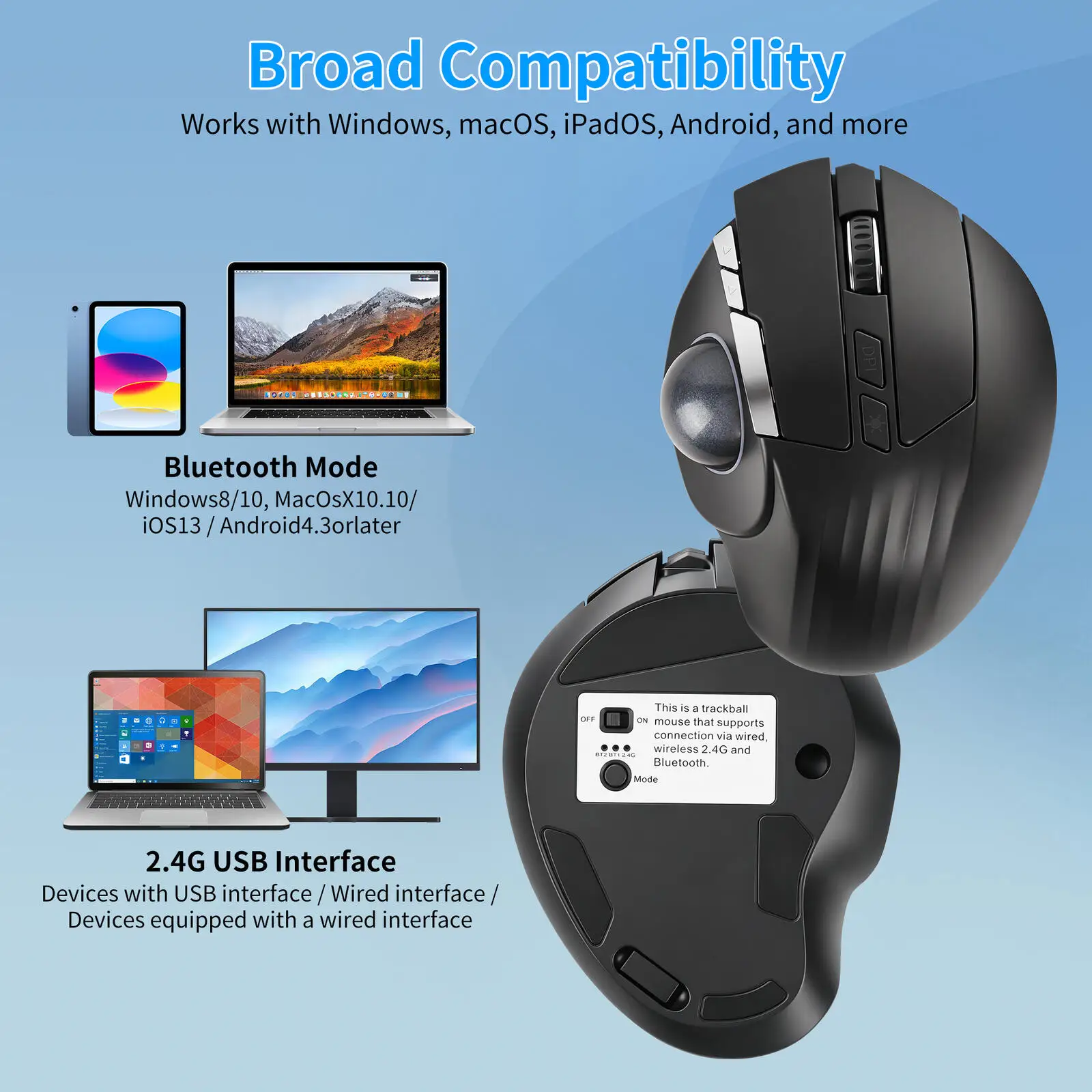 Smooth Trackball Wireless Mouse Bluetooth+2.4Ghz+Wired Mute Ergonomic Wireless Tri-Mode Mice Drawing Office Vertical Moase
Smooth Trackball Wireless Mouse Bluetooth+2.4Ghz+Wired Mute Ergonomic Wireless Tri-Mode Mice Drawing Office Vertical Moase