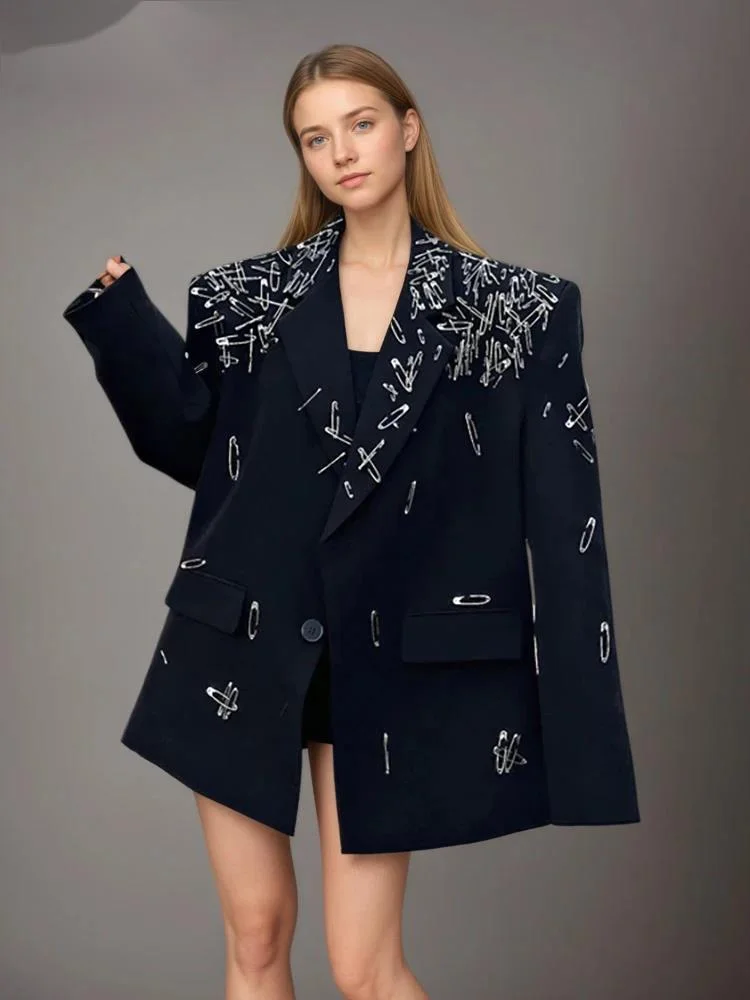 Fashion Pin Decoration Blazer Women's Lapel Loose Single Button Suit Jacket Autumn Spring New 7VY38
Fashion Pin Decoration Blazer Women's Lapel Loose Single Button Suit Jacket Autumn Spring New 7VY38