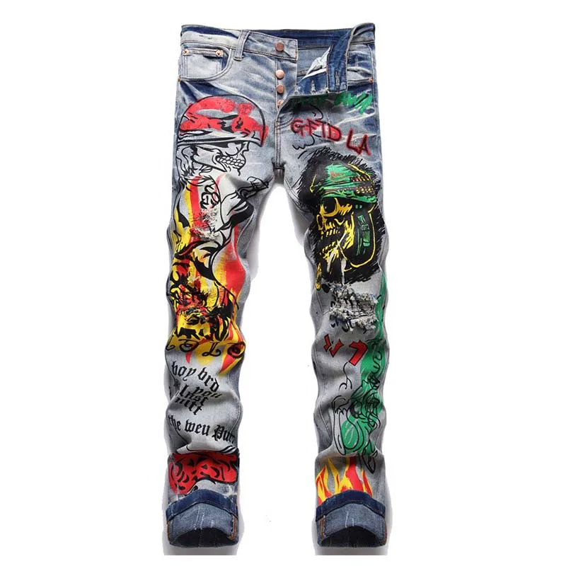 Mcikkny Fashion Vintage Ripped Jeans Pants Skull Printed Patchwork Streetwear Denim Trousers For Male Slim Fit
Mcikkny Fashion Vintage Ripped Jeans Pants Skull Printed Patchwork Streetwear Denim Trousers For Male Slim Fit