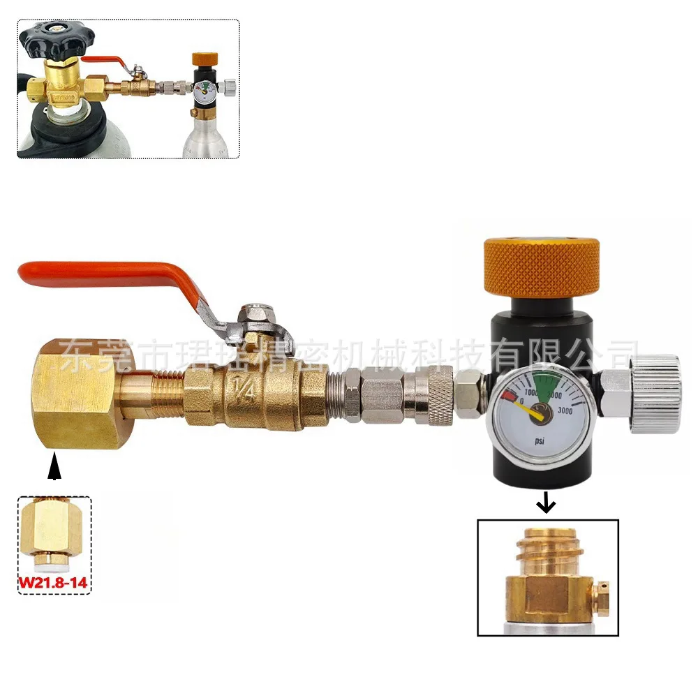 Soda adapter bottle connected to carbon dioxide inflation connector with pressure gauge and deflation
Soda adapter bottle connected to carbon dioxide inflation connector with pressure gauge and deflation