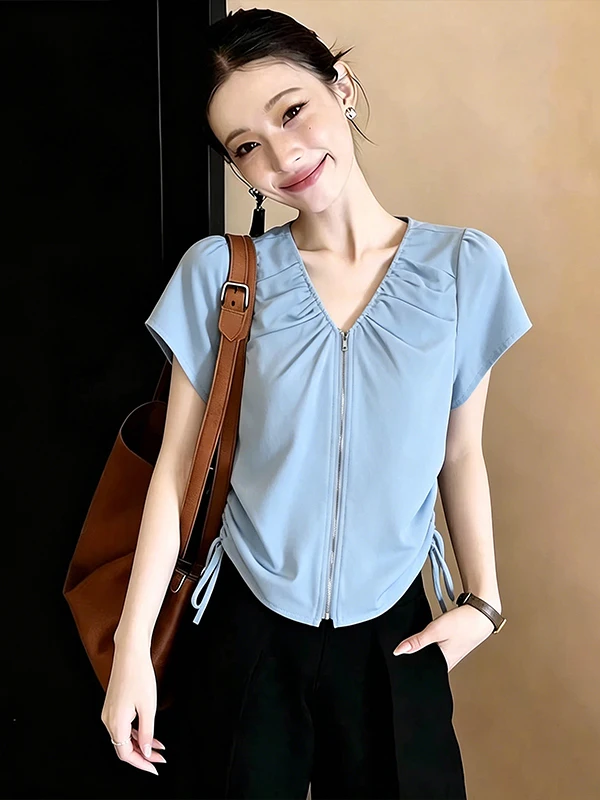 Blue Zipper Short Sleeve Shirt Women's plus Size Summer New Design Gathered Waist Slimming Top Korean Style V-neck Breathable
Blue Zipper Short Sleeve Shirt Women's plus Size Summer New Design Gathered Waist Slimming Top Korean Style V-neck Breathable