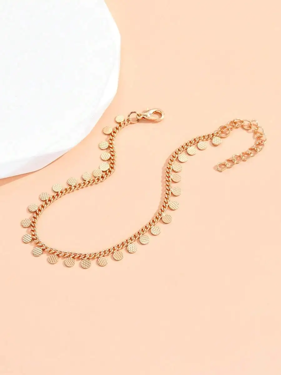 Gold-Tone Alloy Chain Anklet With Textured Disc Charms For Casual Beach And Vacation Wear
Gold-Tone Alloy Chain Anklet With Textured Disc Charms For Casual Beach And Vacation Wear