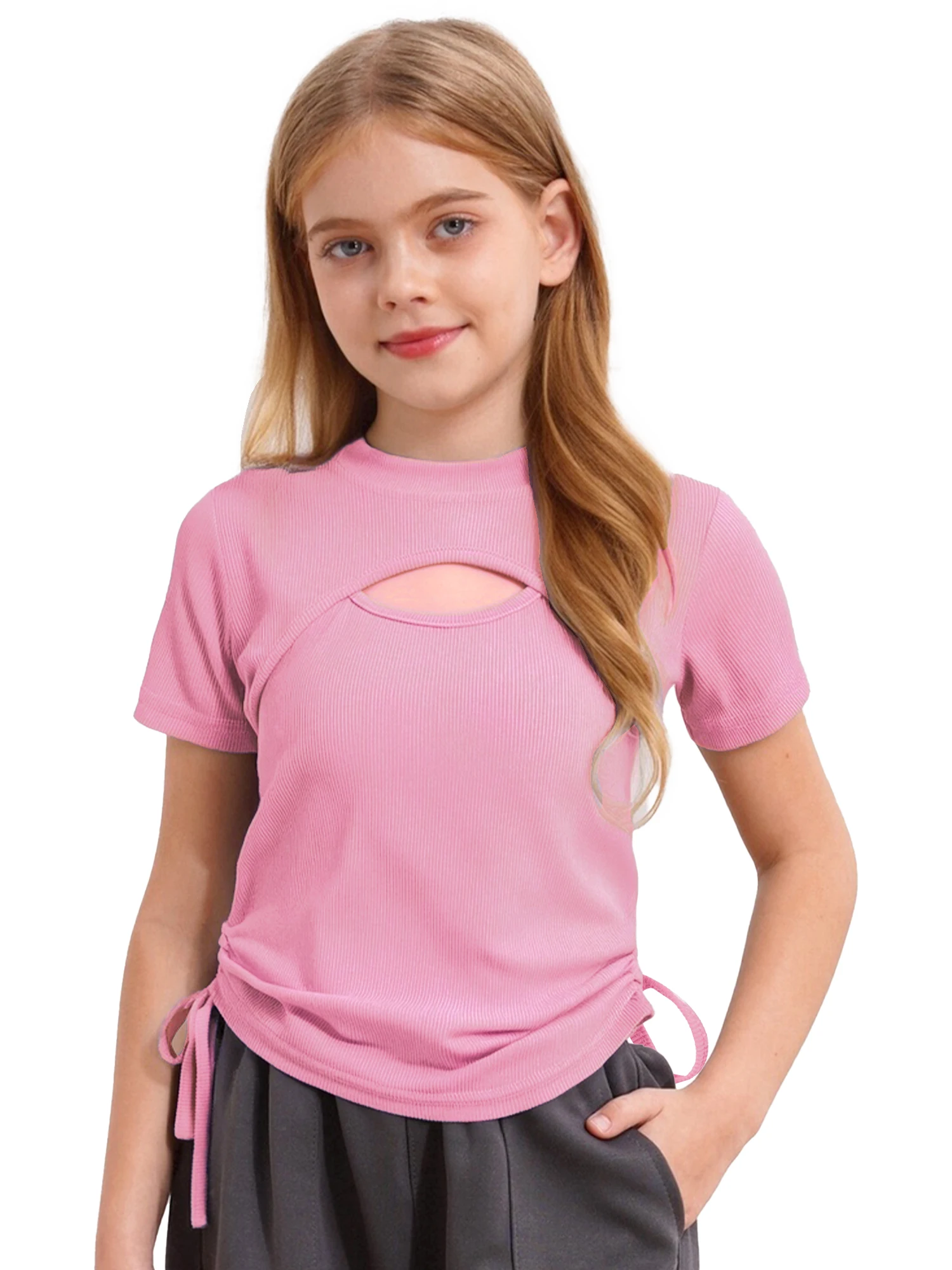 Girls Casual Summer Fashion Drawstring Cutout T-shirt Round Neck Short Sleeve Ribbed Sports Top for Travel Vacation Picnic Party
Girls Casual Summer Fashion Drawstring Cutout T-shirt Round Neck Short Sleeve Ribbed Sports Top for Travel Vacation Picnic Party