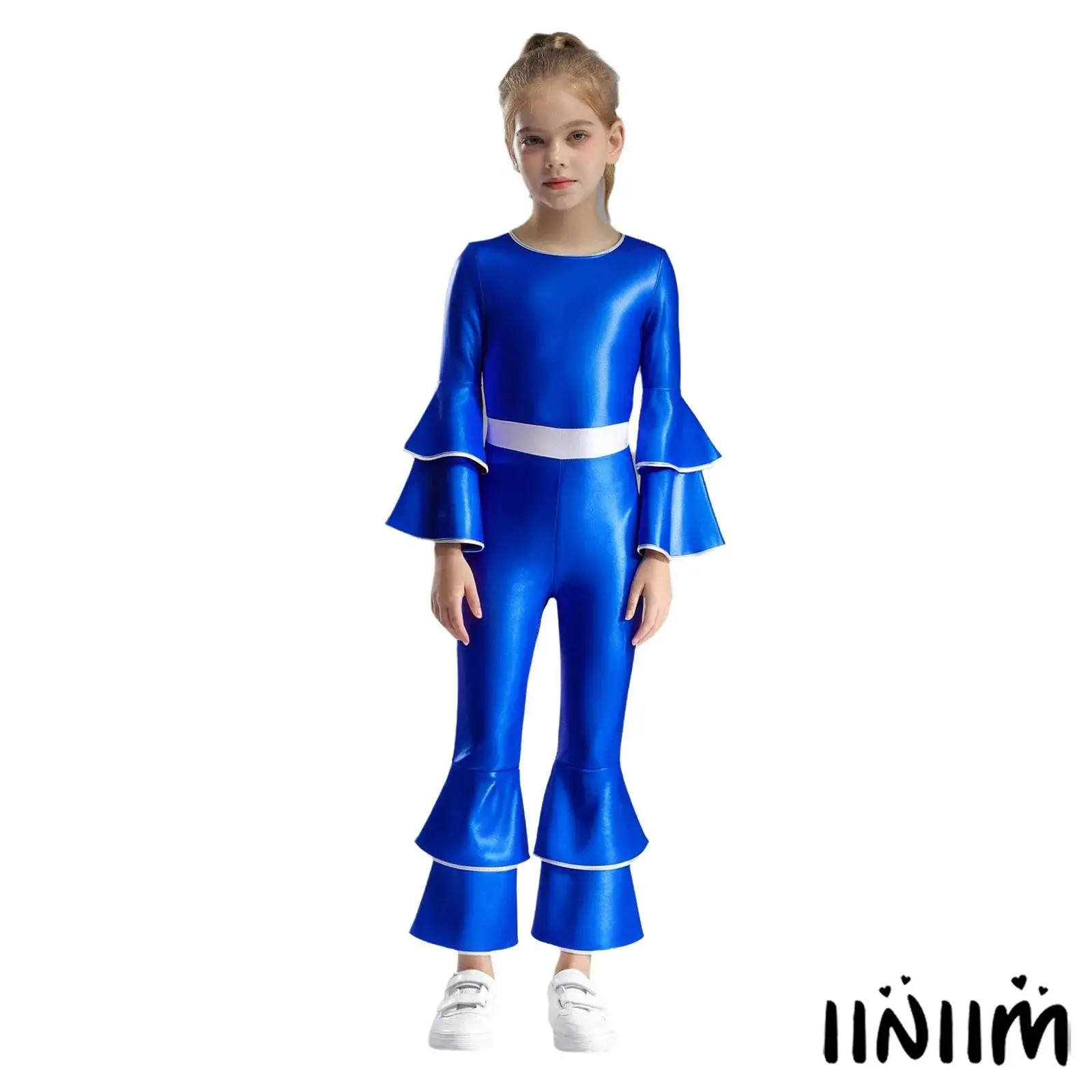 Girls Shiny Metallic 70s 80s Disco Costume Long Sleeves High Waist Tiered Flared Jumpsuit Disco Dance Party Performance Costume 
Girls Shiny Metallic 70s 80s Disco Costume Long Sleeves High Waist Tiered Flared Jumpsuit Disco Dance Party Performance Costume