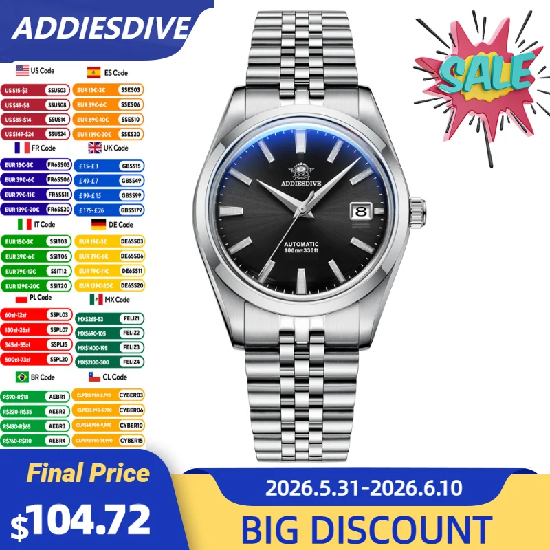 ADDIESDIVE Men's Watch 316L Stainless Steel NH35 Automatic Mechanical Watches 39mm Dial Calendar Display Classic Wristwatch Men
ADDIESDIVE Men's Watch 316L Stainless Steel NH35 Automatic Mechanical Watches 39mm Dial Calendar Display Classic Wristwatch Men