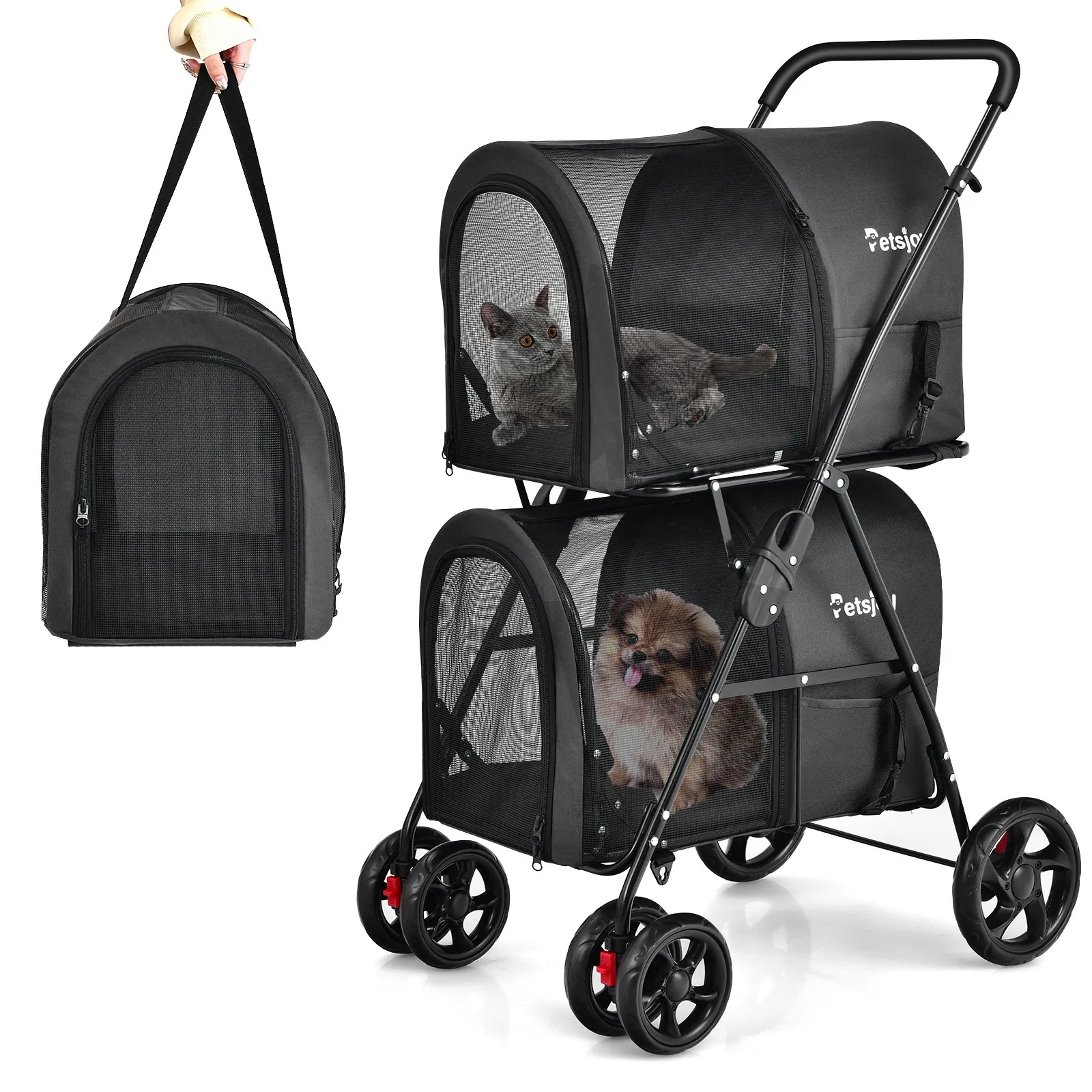 4-in-1 Double Pet Stroller w/ Detachable Carrier Travel Carriage for Cats Black
4-in-1 Double Pet Stroller w/ Detachable Carrier Travel Carriage for Cats Black