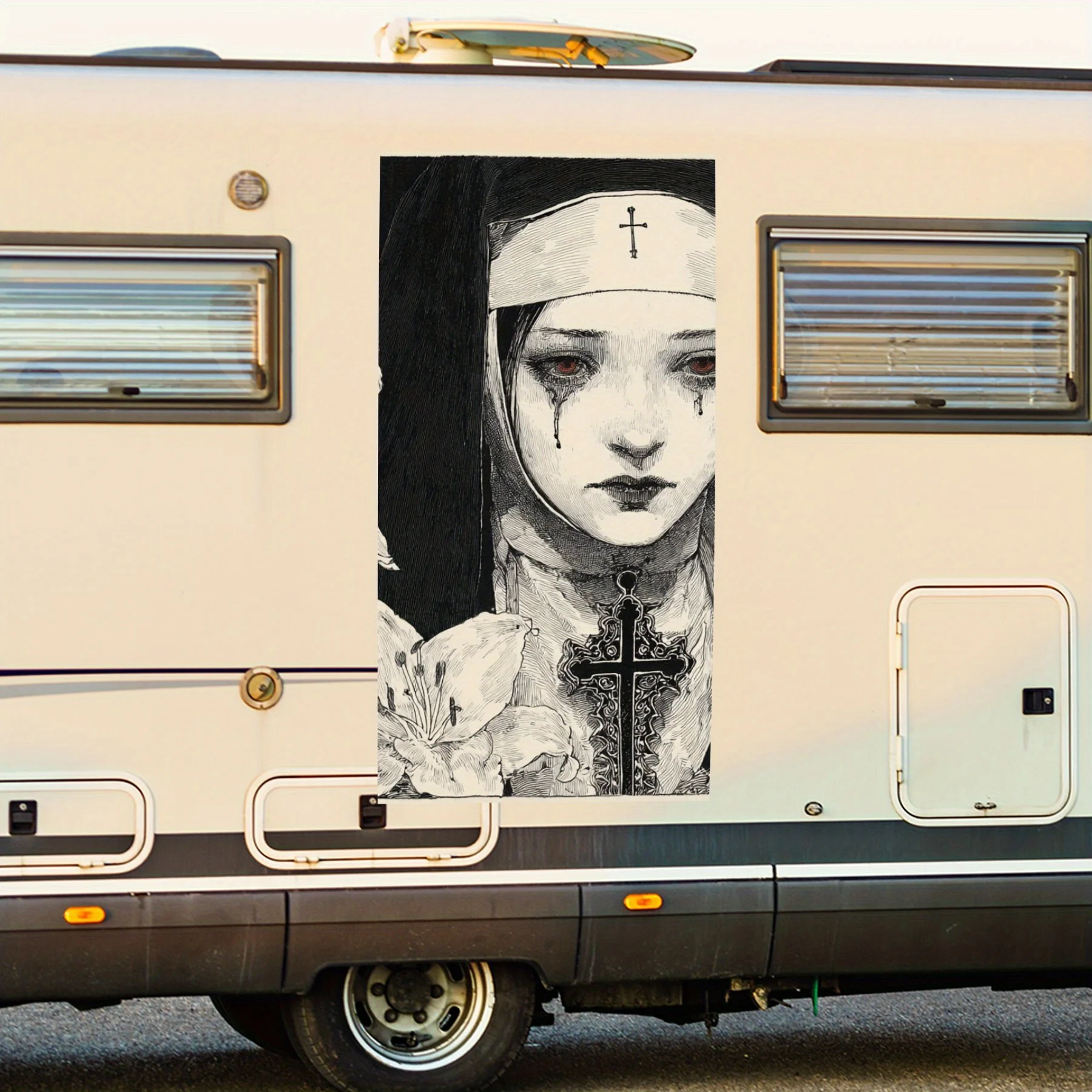 Nun with Red Eyes and Cross,Waterproof Vinyl Decal for RV Side, Self - Adhesive Stickers to Decorate & Protect RV Body, Perfect
Nun with Red Eyes and Cross,Waterproof Vinyl Decal for RV Side, Self - Adhesive Stickers to Decorate & Protect RV Body, Perfect