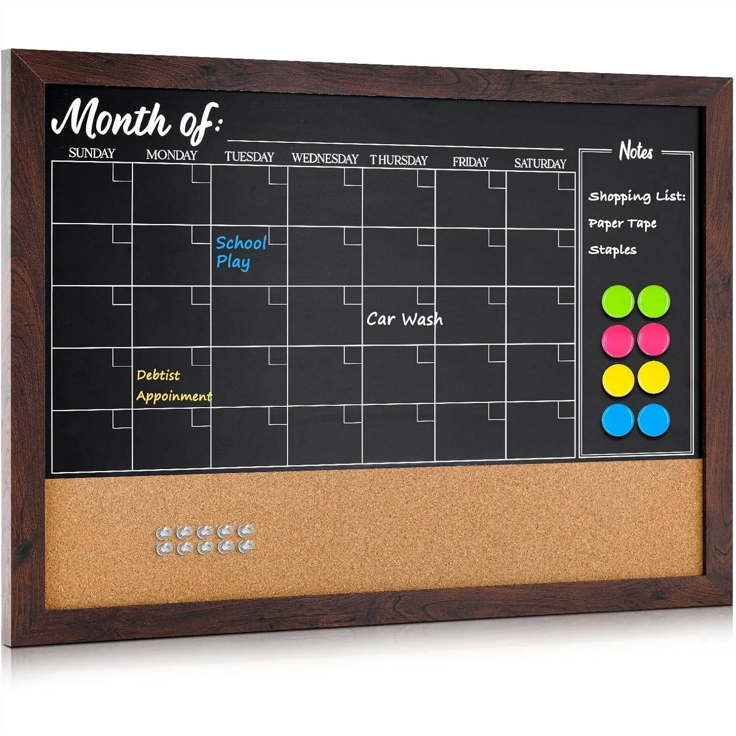 Chalkboard Calendar Corkboard Combo, 24x36 Large Bulletin Board with Magnetic Surface, Rustic Brown Frame, Includes Markers
Chalkboard Calendar Corkboard Combo, 24x36 Large Bulletin Board with Magnetic Surface, Rustic Brown Frame, Includes Markers