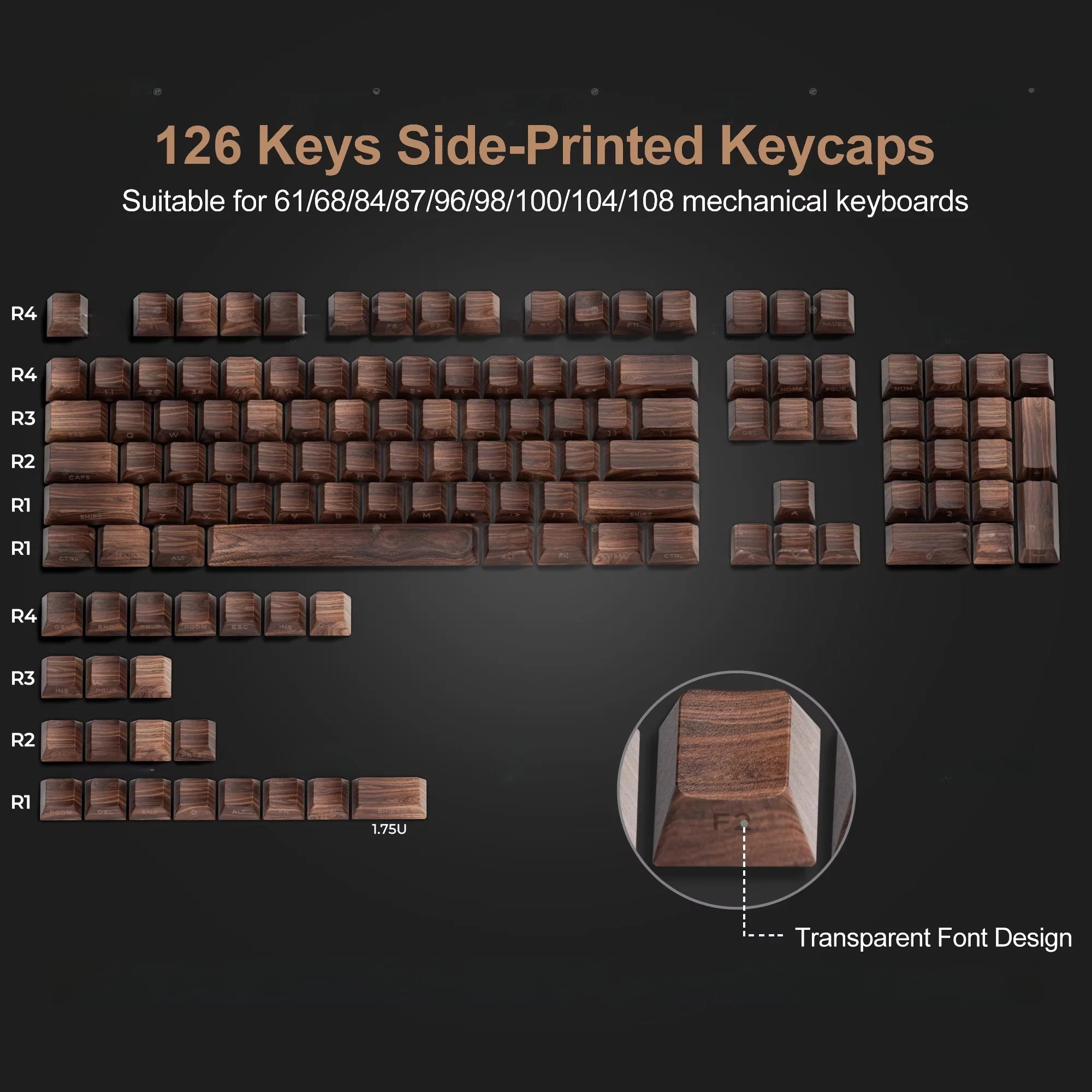 Walnut Wood Grain Keycaps – PBT Material, Dye-Sublimation, Cherry Profile, Side-Legend, Backlit
Walnut Wood Grain Keycaps – PBT Material, Dye-Sublimation, Cherry Profile, Side-Legend, Backlit