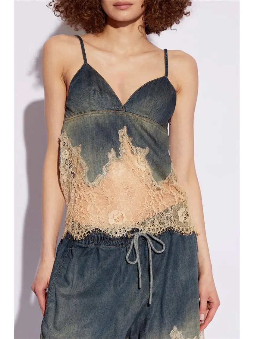 Burnt Lace Patchwork Denim Two-Piece Soft Top Comfortable Washed See Through Camisole Shorts Mid Pants Set
Burnt Lace Patchwork Denim Two-Piece Soft Top Comfortable Washed See Through Camisole Shorts Mid Pants Set