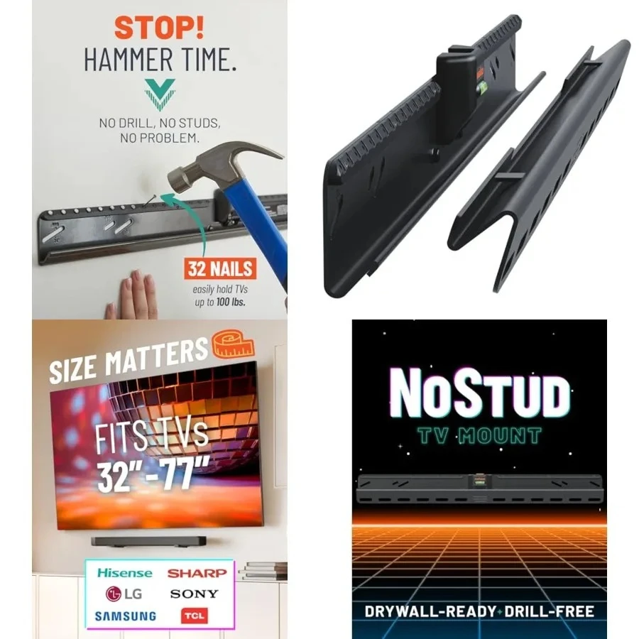 No Stud TV Mount for Drywall - Slim No Drill Design Holds TVs Up to 100lbs with Nails - Easy Studless Install with No Drill Needed
No Stud TV Mount for Drywall - Slim No Drill Design Holds TVs Up to 100lbs with Nails - Easy Studless Install with No Drill Needed
