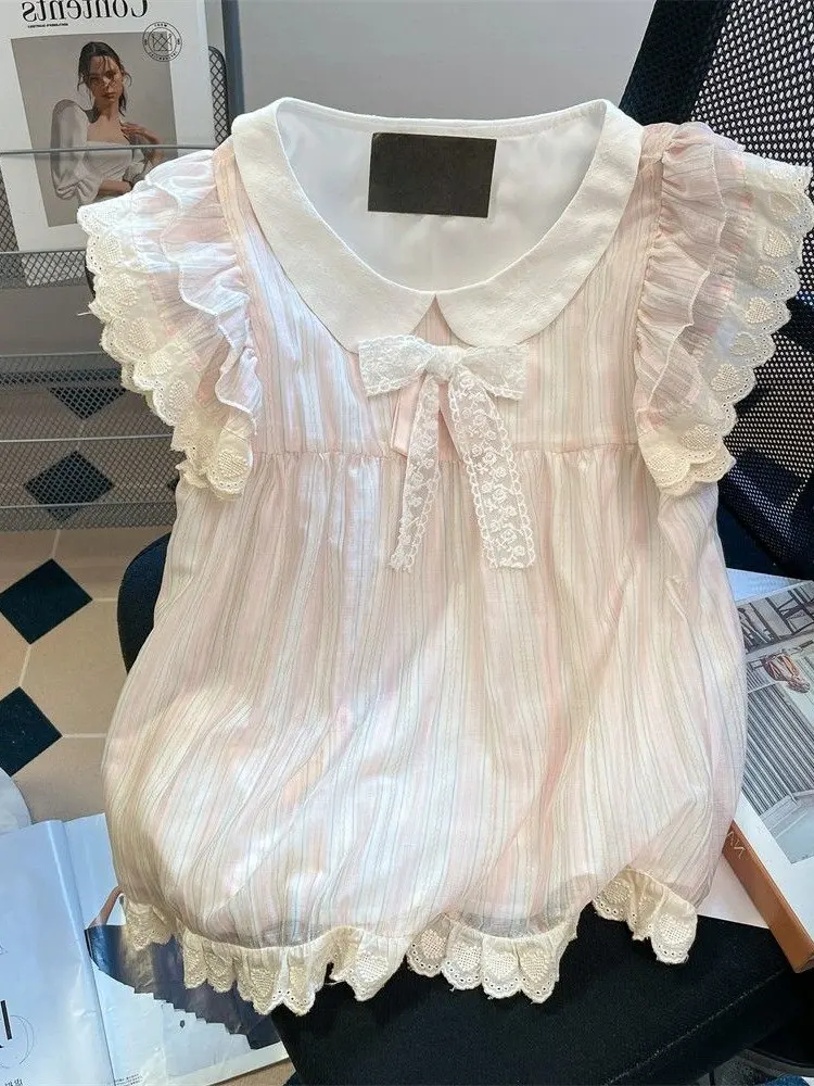 Sweet Lace Knot Short Sleeve Loose Striped Bubble Sleeve Shirt Korean Style Commute Wind Summer Design Casual Top
Sweet Lace Knot Short Sleeve Loose Striped Bubble Sleeve Shirt Korean Style Commute Wind Summer Design Casual Top