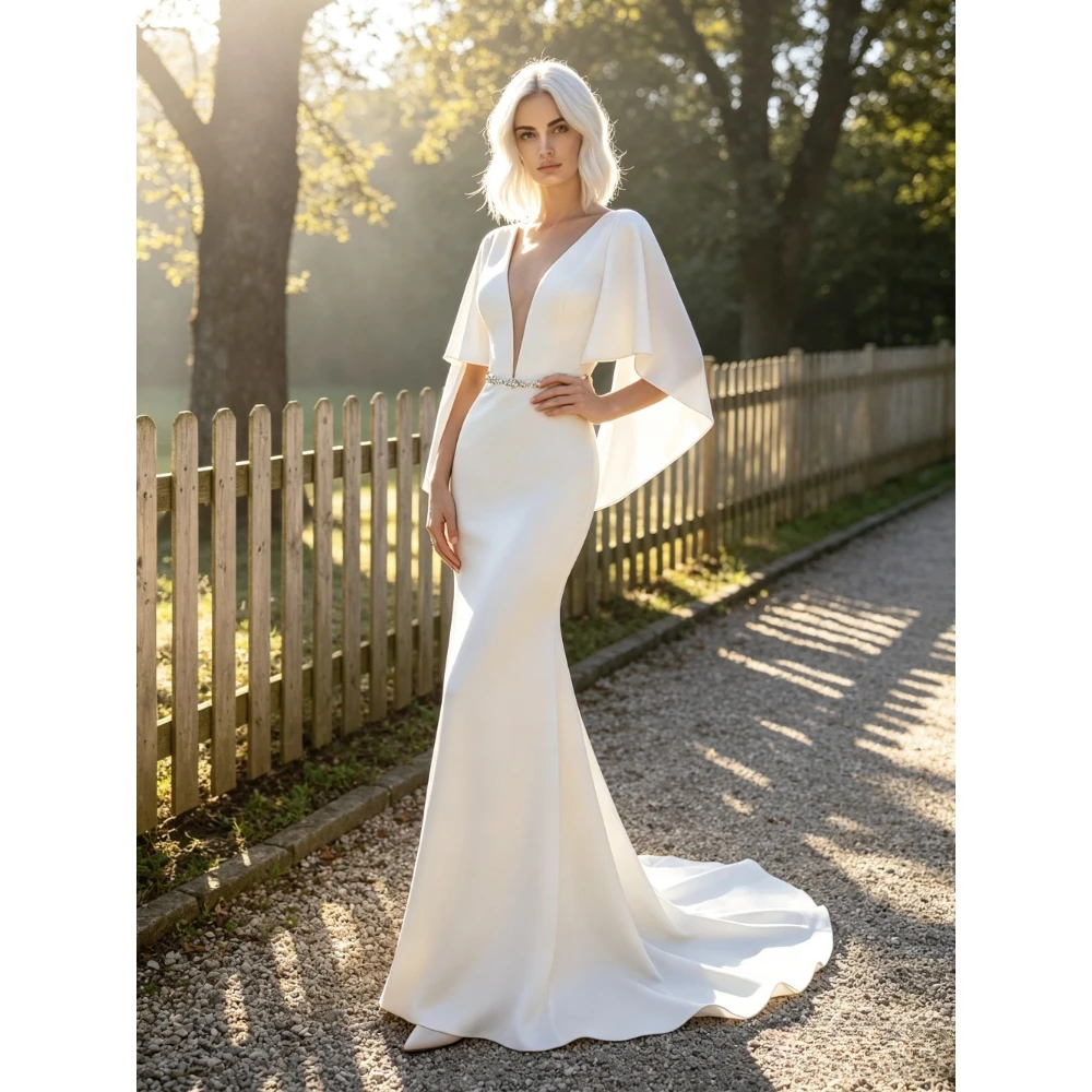 Customized V-neck Luxury Satin Mermaid Wedding Dresses with Crystal Belt 2026 White Elegant Flared Sleeves Ruffled Bridal Gown
Customized V-neck Luxury Satin Mermaid Wedding Dresses with Crystal Belt 2026 White Elegant Flared Sleeves Ruffled Bridal Gown