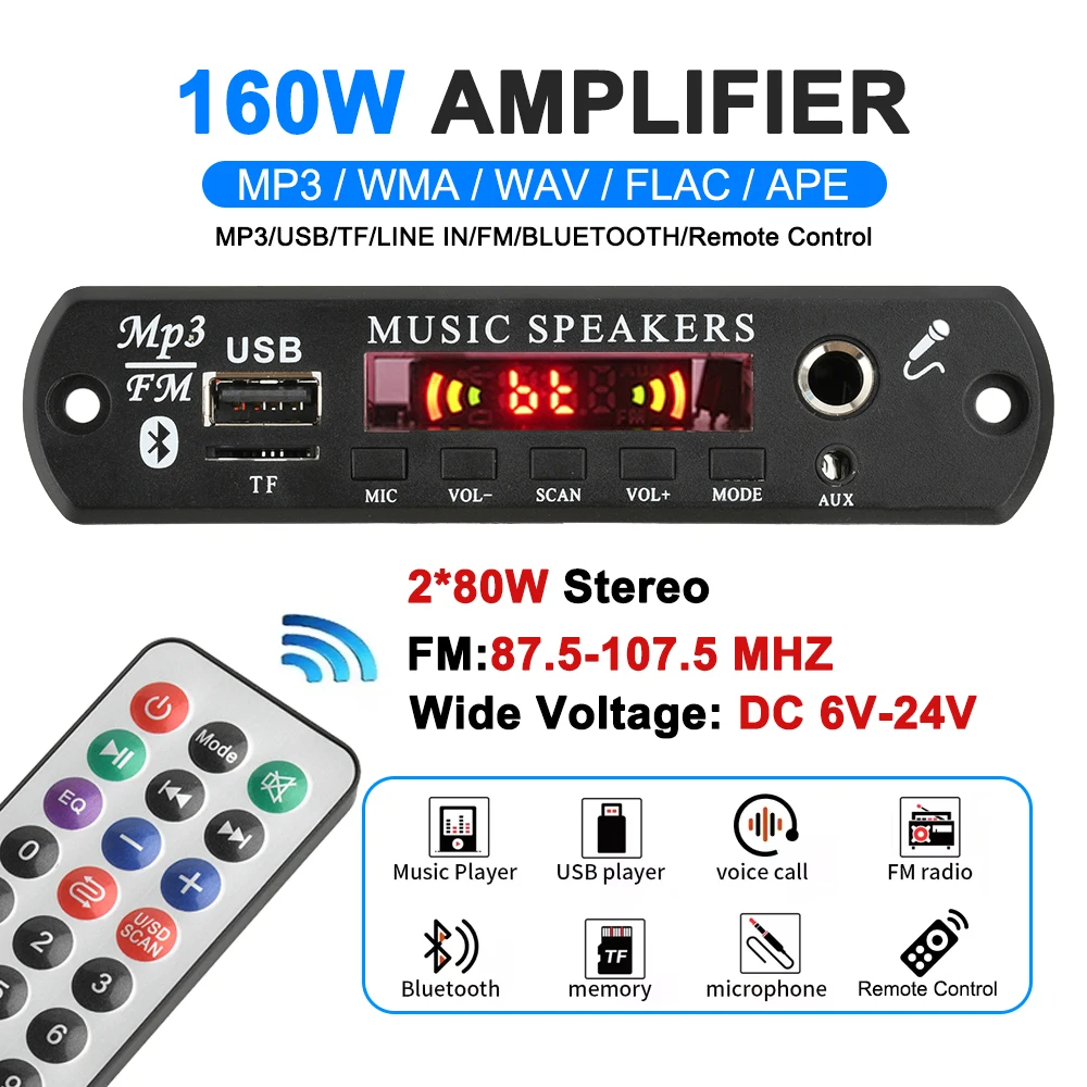 MP3 Player Decoder Board DC 6-24V BT Audio Decoding Module Power 2 * 80W With Amplifier Car Audio USB TF FM Radio Recording Call
MP3 Player Decoder Board DC 6-24V BT Audio Decoding Module Power 2 * 80W With Amplifier Car Audio USB TF FM Radio Recording Call