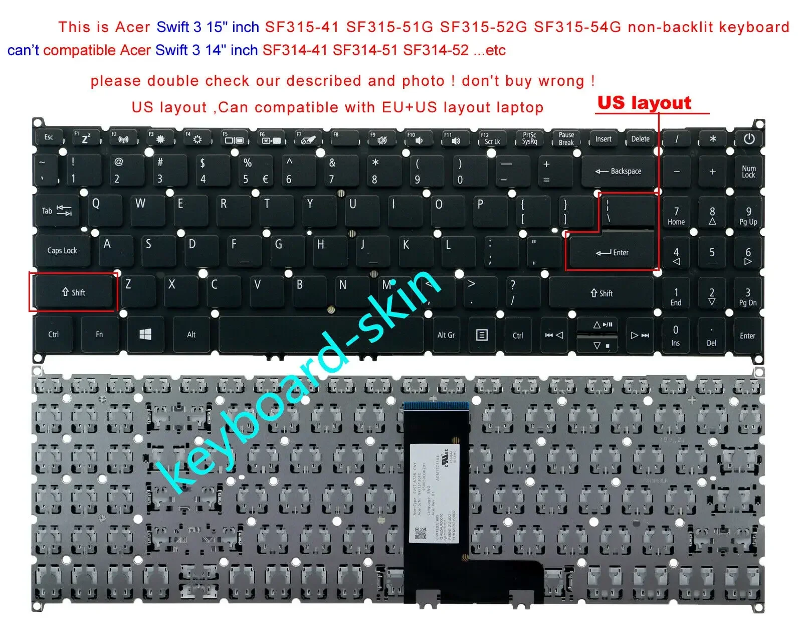 New US No-backlit without frame Keyboard For Acer Swift 3 15" inch SF315-41 SF315-41G SF315-51G SF315-52G SF315-54G laptop
New US No-backlit without frame Keyboard For Acer Swift 3 15" inch SF315-41 SF315-41G SF315-51G SF315-52G SF315-54G laptop