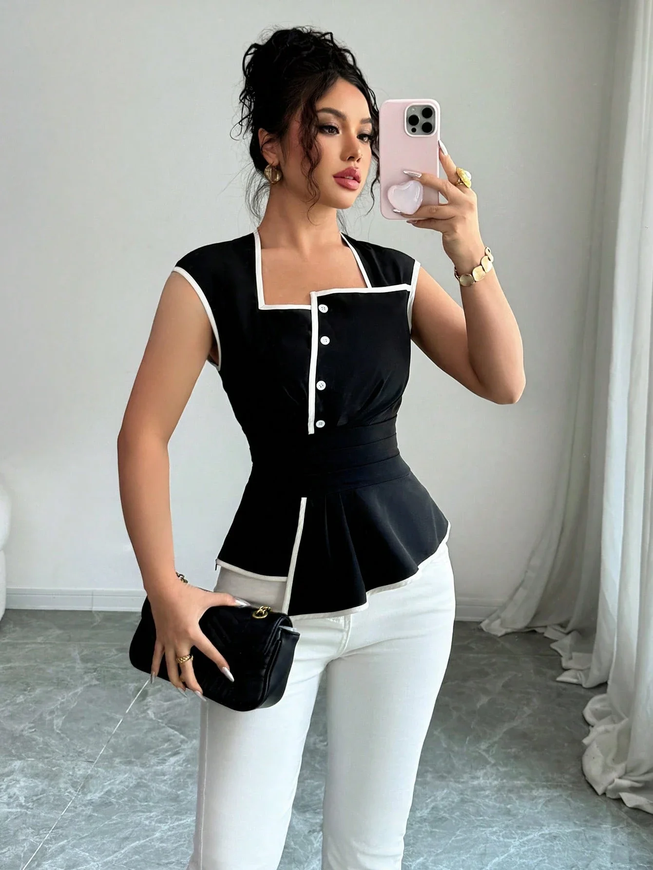 Women Sleeveless Square Neck Waist Gathering Flared Hem Contrast Color Blouse Spring Summer
Women Sleeveless Square Neck Waist Gathering Flared Hem Contrast Color Blouse Spring Summer