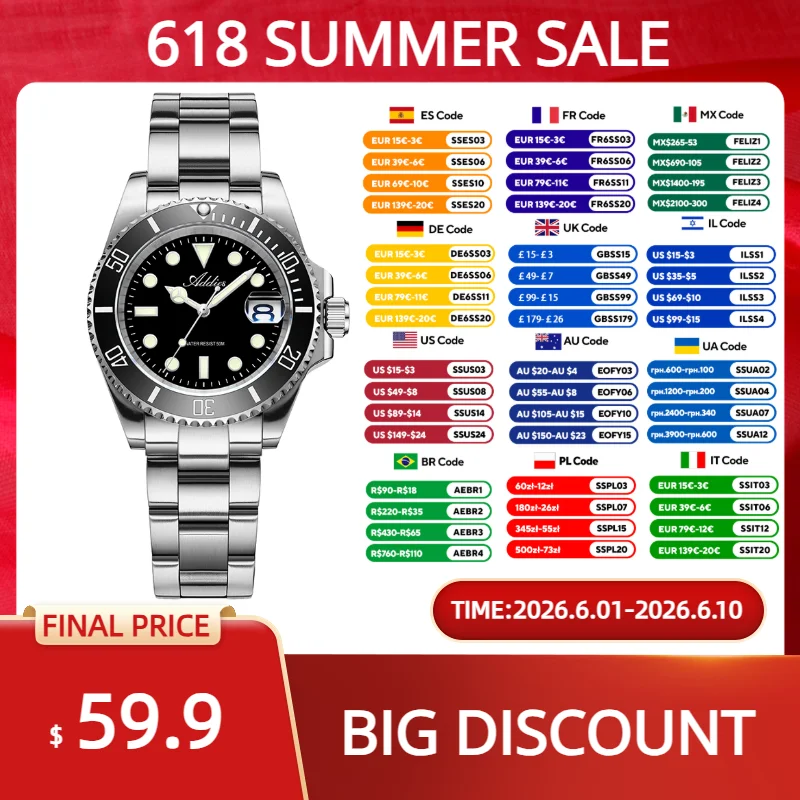 ADDIES Luxury Couple Watches 36mm BGW9 C3 Super Luminous GM12 Quartz Watch 316L Stainless Steel 50M Waterproof Diving Watch New
ADDIES Luxury Couple Watches 36mm BGW9 C3 Super Luminous GM12 Quartz Watch 316L Stainless Steel 50M Waterproof Diving Watch New