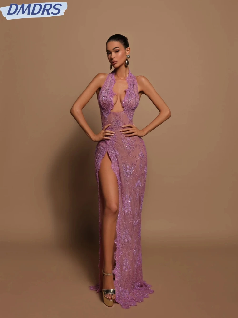 Sexy Illusion High Slit Evening Dress Sequined Lace Sheath Long Wedding Party Gown New Customized Purple Halter Prom Dresses
Sexy Illusion High Slit Evening Dress Sequined Lace Sheath Long Wedding Party Gown New Customized Purple Halter Prom Dresses