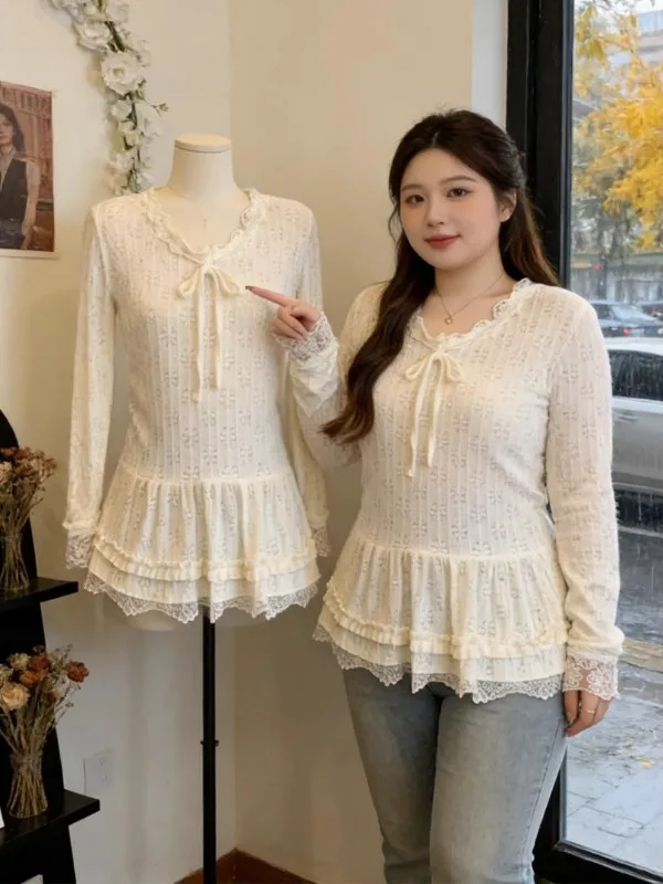 plus Size Soft Lace Base Shirt Women's Autumn Winter Loose Fit Inner Wear Knot Slimming Versatile Long Sleeve Top
plus Size Soft Lace Base Shirt Women's Autumn Winter Loose Fit Inner Wear Knot Slimming Versatile Long Sleeve Top
