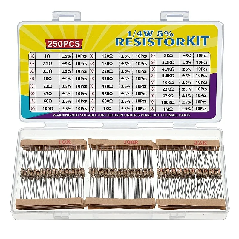 25 Values 1/4W Resistor Kit from 1 Ohm to 1M Ohm 1/4 Watt 5% Carbon Film Resistors Assortment
25 Values 1/4W Resistor Kit from 1 Ohm to 1M Ohm 1/4 Watt 5% Carbon Film Resistors Assortment
