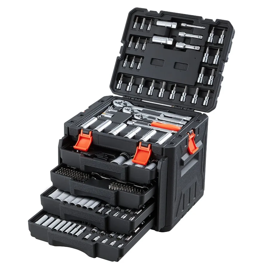 297-Piece Mechanic Tool Set 1/4in 3/8in 1/2in Drive SAE and Metric Socket Set Wrenches Screwdriver Bits Accessories with Storag
297-Piece Mechanic Tool Set 1/4in 3/8in 1/2in Drive SAE and Metric Socket Set Wrenches Screwdriver Bits Accessories with Storag