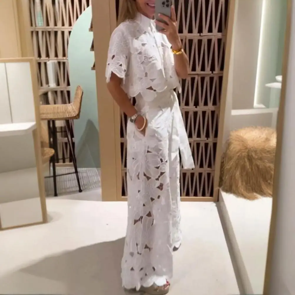 Fashion Sexy Women Lace Embroidery Hook Flower Hollow 2 Pieces Sets Spring Summer Solid Lapel Collar Top+Wide Leg Pants Suit
Fashion Sexy Women Lace Embroidery Hook Flower Hollow 2 Pieces Sets Spring Summer Solid Lapel Collar Top+Wide Leg Pants Suit