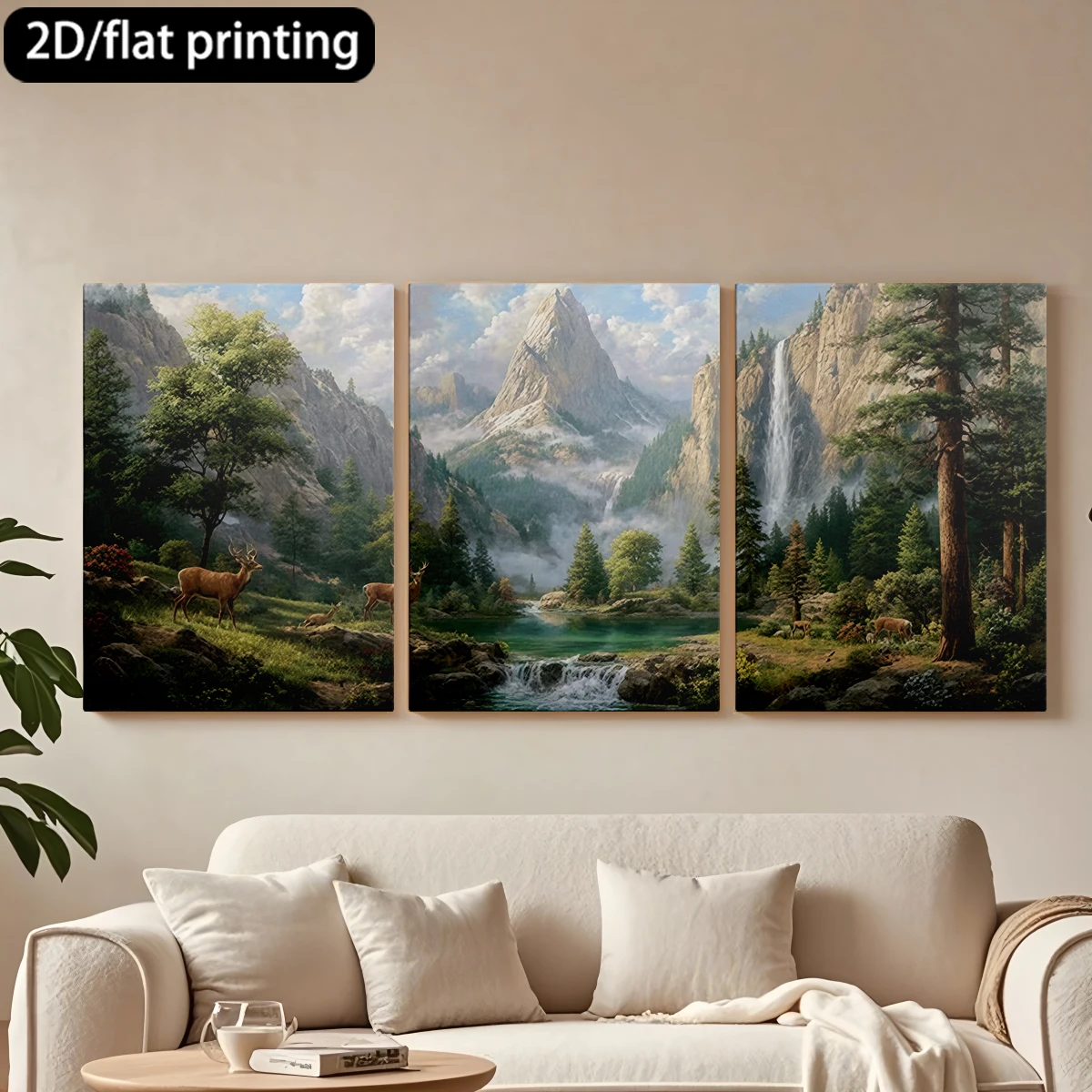 Three-panel decorative canvas paintingMountain-valley landscape, waterfall, deer.
Three-panel decorative canvas paintingMountain-valley landscape, waterfall, deer.