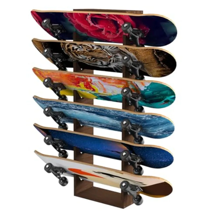 Wall Mount 6-Tier Wooden Skateboard Storage Rack Holder for Longboard Deck Standard Skateboards Walnut Color Durable Wood Desig
Wall Mount 6-Tier Wooden Skateboard Storage Rack Holder for Longboard Deck Standard Skateboards Walnut Color Durable Wood Desig