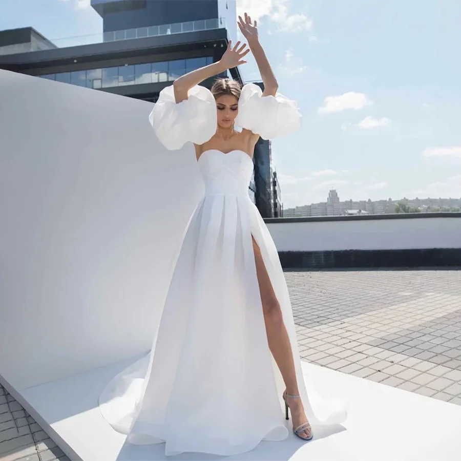 Customized Fashion Sweethart Removable Puff Sleeves Front Split Wedding Dresses Corset Designs Evening Gowns For Women
Customized Fashion Sweethart Removable Puff Sleeves Front Split Wedding Dresses Corset Designs Evening Gowns For Women