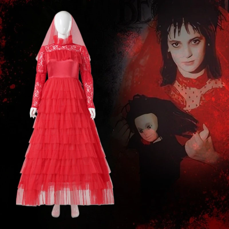 Lydia Deetz Costume with Gloves Scarf Lydia Women Wedding Dress Beettlejuice Bride Cosplay Gothic Red Gown Halloween Outfit
Lydia Deetz Costume with Gloves Scarf Lydia Women Wedding Dress Beettlejuice Bride Cosplay Gothic Red Gown Halloween Outfit