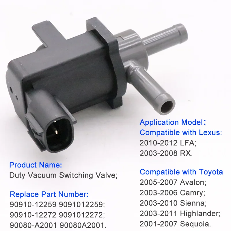 Vapor Canister Purge/Duty Vacuum Switching Valve 90910-12259 9091012259 for Toyota Sienna Highlander Sequoia Lexus LFA RX 
Vapor Canister Purge/Duty Vacuum Switching Valve 90910-12259 9091012259 for Toyota Sienna Highlander Sequoia Lexus LFA RX